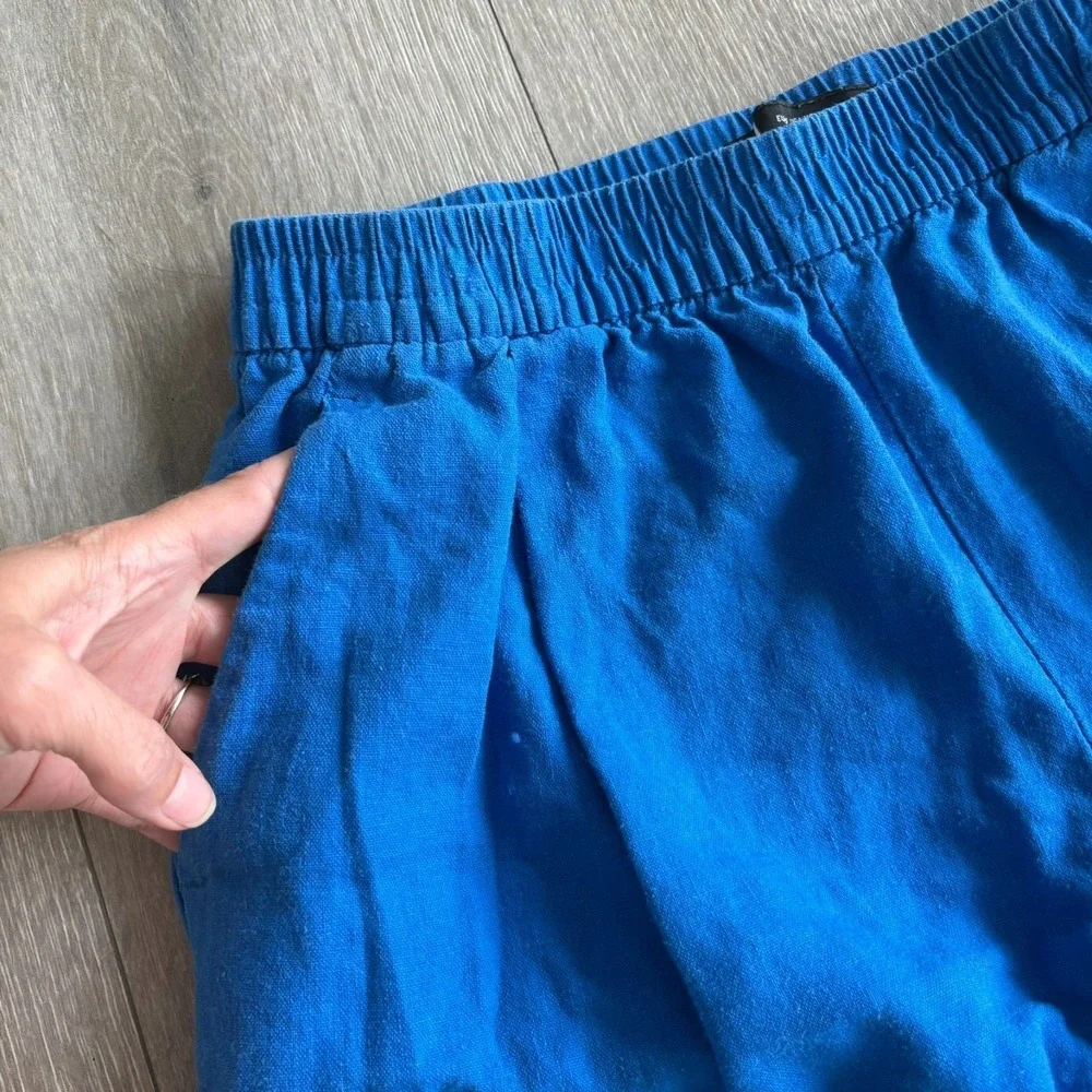 Zara Womens Royal Blue Comfort Elastic Waist Linen Blend Wide Leg Pants Size XS